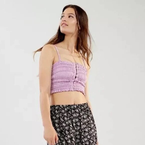 URBAN OUTFITTERS | Chelsea Linen Ruched Cami Crop Tank Top Purple - Picture 2 of 10